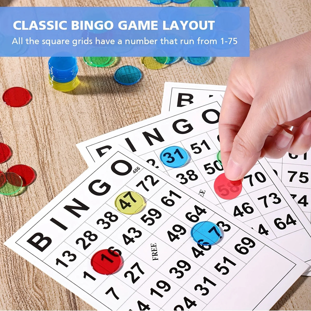 A hand points to a bingo card with numbers, colored bingo chips, and disposable bingo paper sheets.