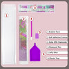 Diamond painting kit components including a white pad, a canvas, a diamond pen, jelly glue, and a plastic tray.