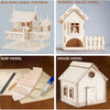 A collection of wooden models including a building model, wooden house model, ship model, and house model.