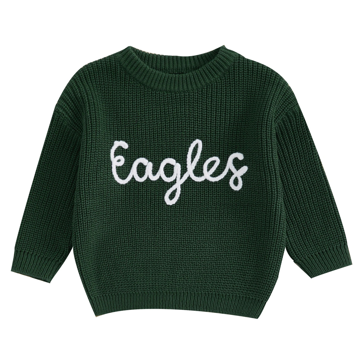 A dark green knit sweater for a baby or kid with white embroidered text that reads Eagles