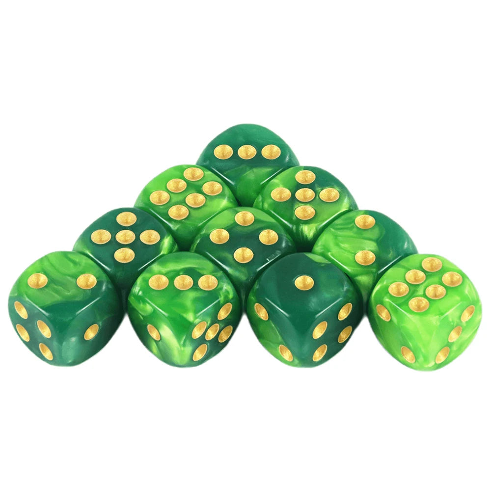 A set of ten green dice with gold dots arranged in a pyramid shape.