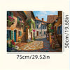 An oil painting depicting a charming, rustic courtyard with stone steps, colorful flowers, and old buildings.
