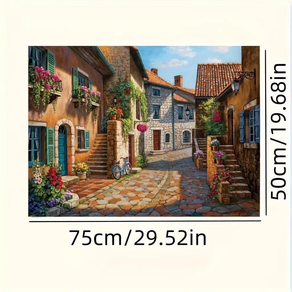 An oil painting depicting a charming, rustic courtyard with stone steps, colorful flowers, and old buildings.