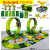 A set of dinosaur climbing car tracks and accessories including cars, dinosaurs, and track components.