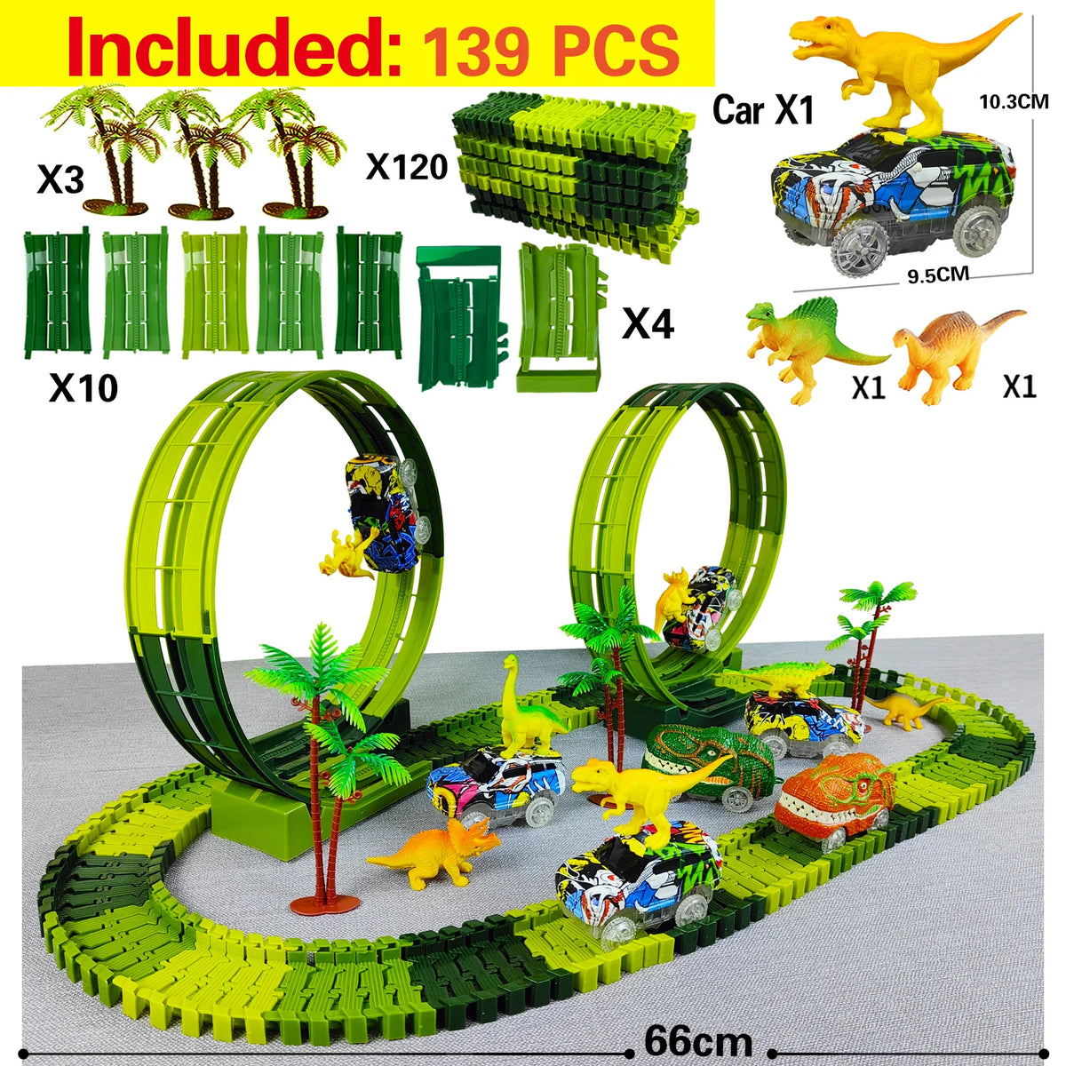 A set of dinosaur climbing car tracks and accessories including cars, dinosaurs, and track components.