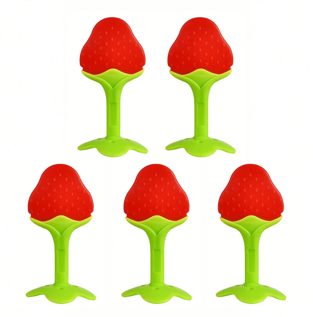 Four soft silicone fruit-shaped baby teethers in red and lime green colors.