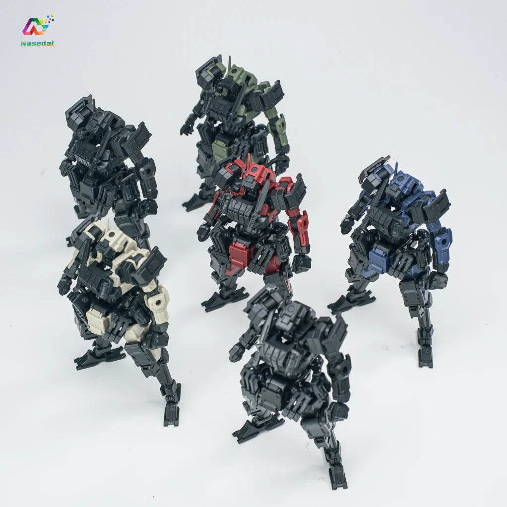 A collection of 1/18 scale FENRIR A6 Assault Type Mecha model kits in various colors and poses.