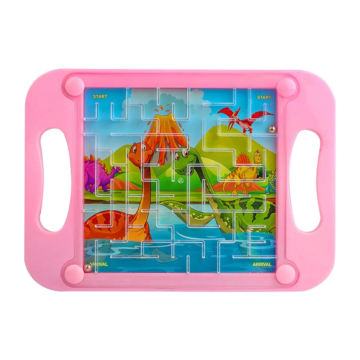 A pink plastic maze ball balancing puzzle game featuring colorful dinosaur figures and a winding blue path.