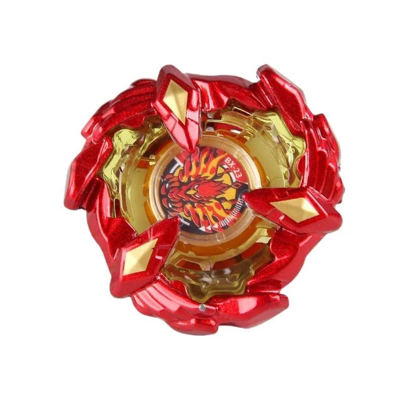 A red metal spinning top with a gold inner core and an orange flame design.