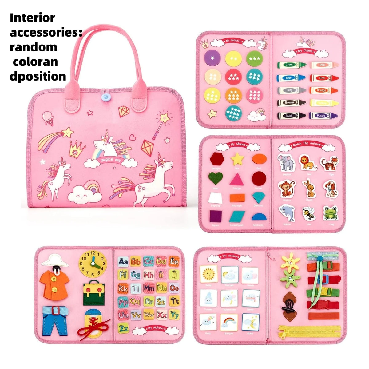 A pink toddler busy board with various sensory activities and colorful components for learning.