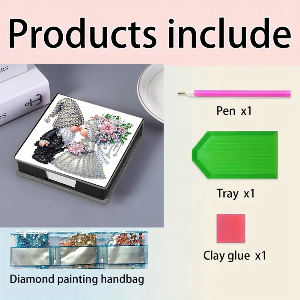 A set of diamond painting products including a pen, tray, and clay glue for a handbag kit.
