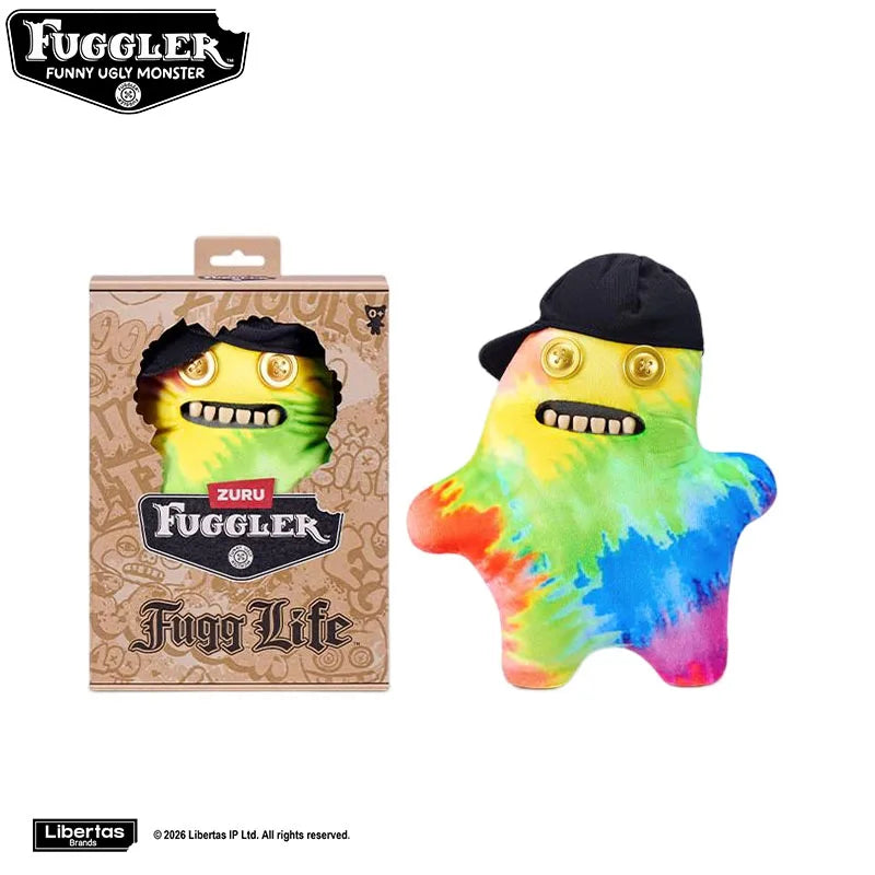 A plush toy of a monster face with bright, multicolored, translucent skin and a black hat.
