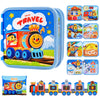 A blue fabric travel bag featuring a train design with the word TRAVEL and various animal figures.