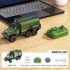 A green 1:64 scale alloy RC forklift truck model with its remote control and battery components displayed on a wooden surface