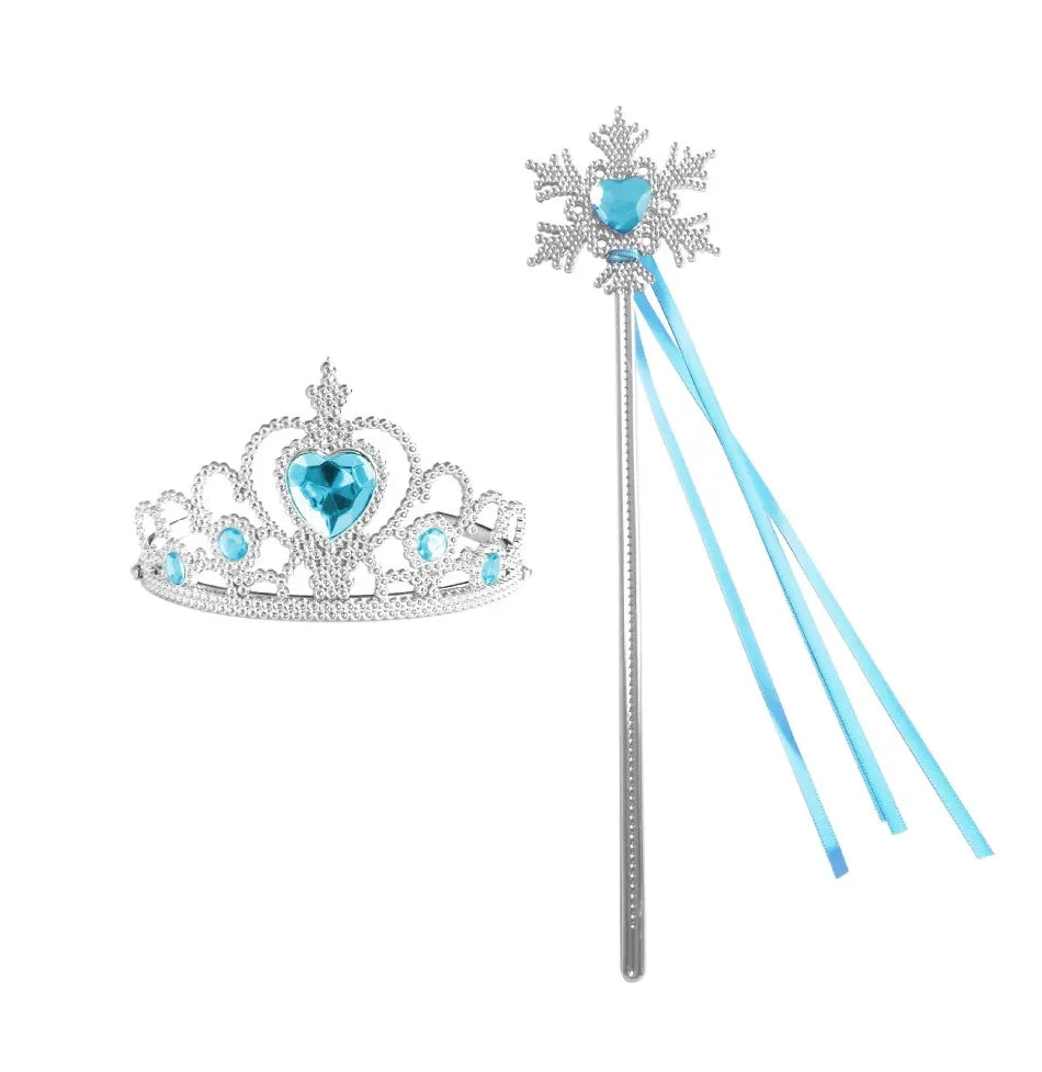 Silver crown and wand playset with a blue gemstone and sheer blue ribbons