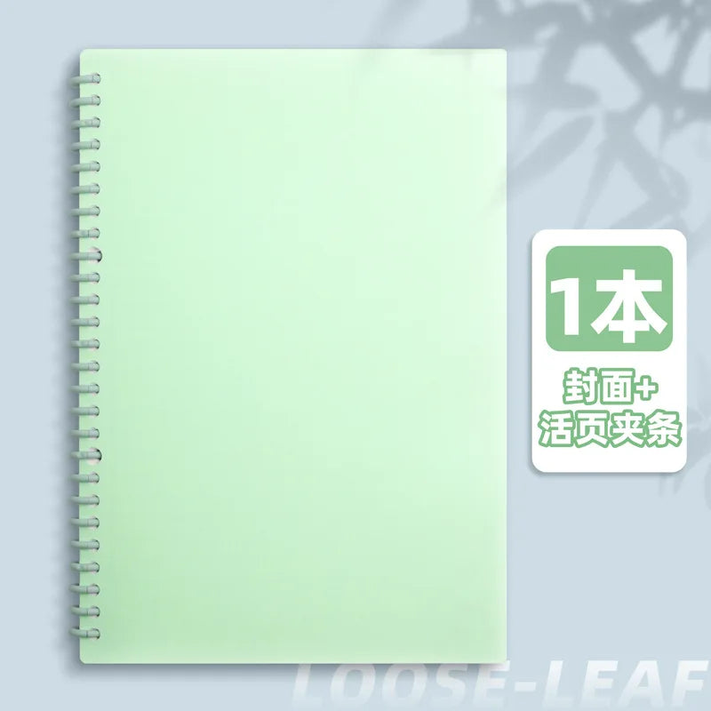 A light green spiral notebook with a green label indicating one book plus a table of contents and index.