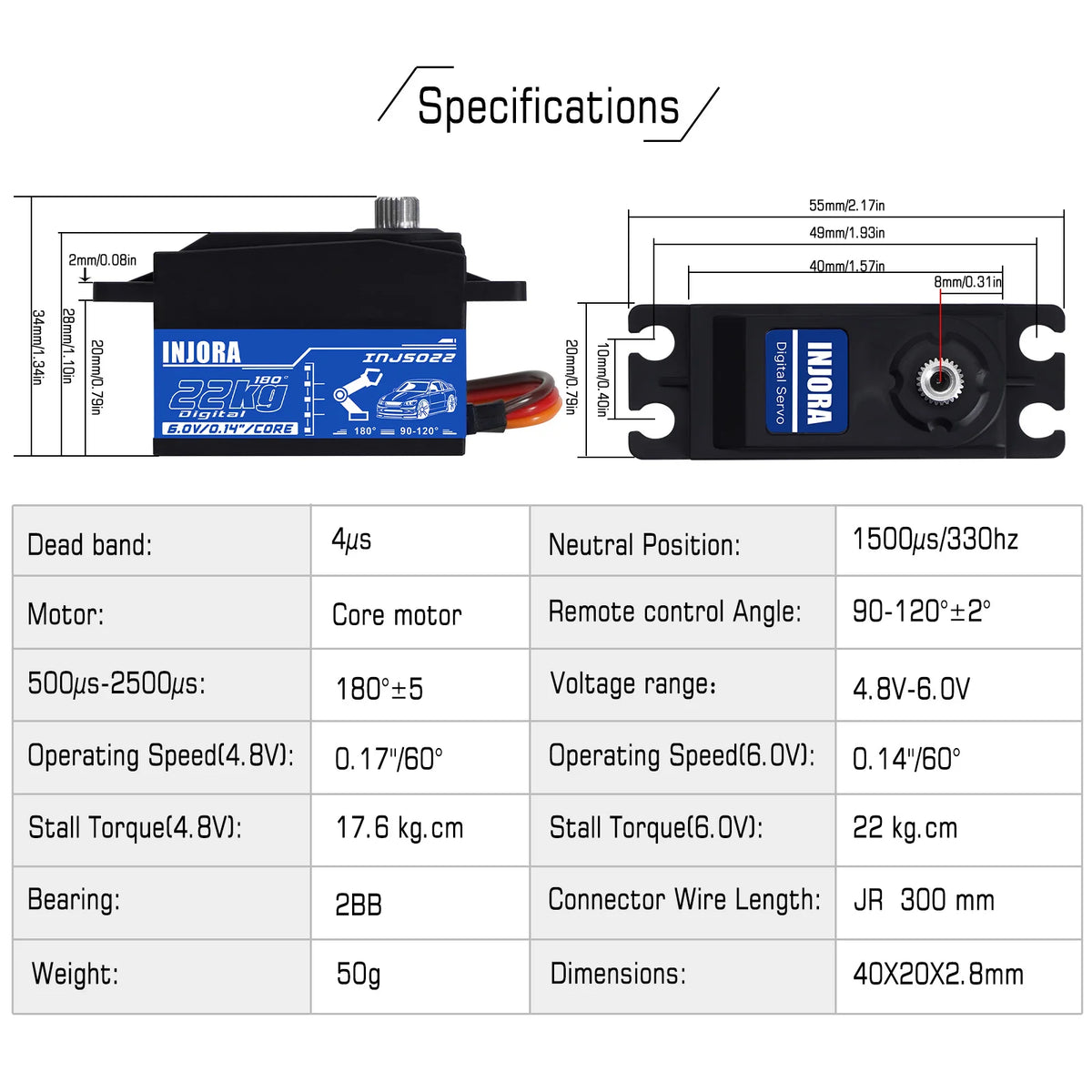 Black INJORA digital servo motor with specifications listed for RC applications