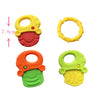 A set of silicone baby teethers in yellow, red, and green colors shown with dimension lines.