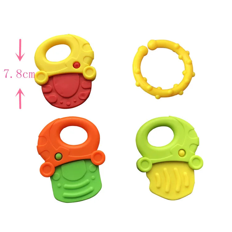 A set of silicone baby teethers in yellow, red, and green colors shown with dimension lines.
