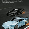 A light blue racing sports car is shown on a dark surface, with a hand holding a smartphone in the foreground.