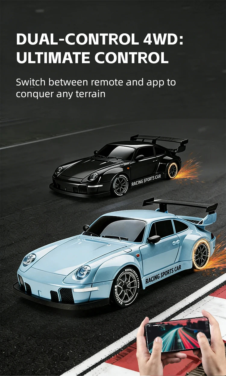 A light blue racing sports car is shown on a dark surface, with a hand holding a smartphone in the foreground.