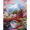 A painting depicting a vibrant pink cherry blossom scene with a traditional Japanese bridge and temple structure.