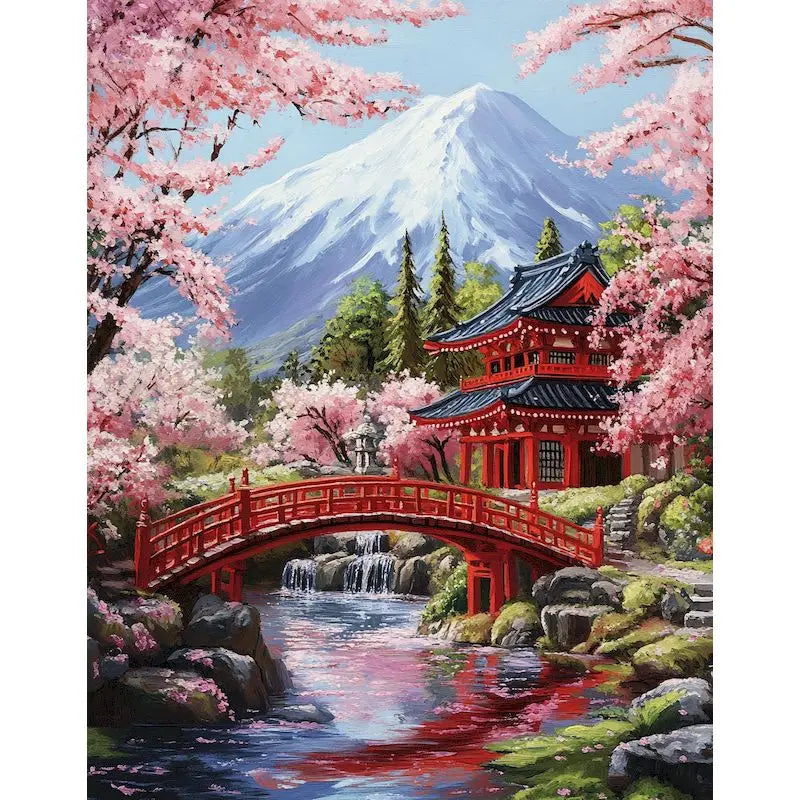 A painting depicting a vibrant pink cherry blossom scene with a traditional Japanese bridge and temple structure.