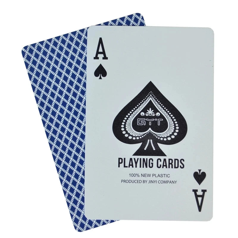 A pack of playing cards featuring an Ace of Spades design on a white card with a blue plaid background.