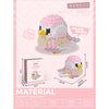 A pink and yellow cute bird DIY set of micro building blocks with accessories shown in various views.