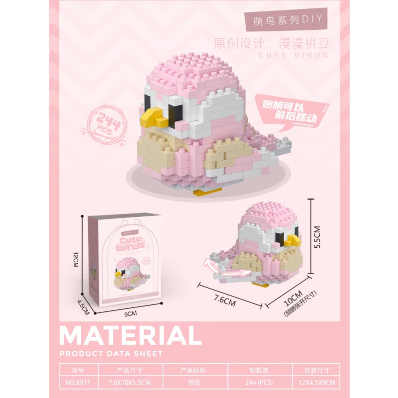 A pink and yellow cute bird DIY set of micro building blocks with accessories shown in various views.
