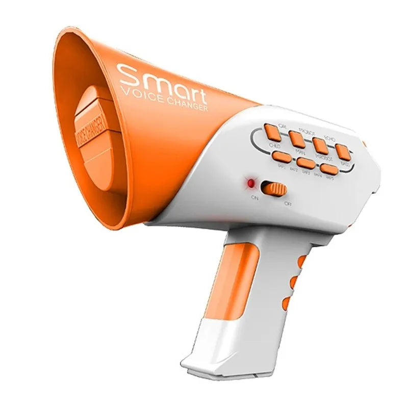 An orange and white voice changer megaphone for kids with a directional sound output.
