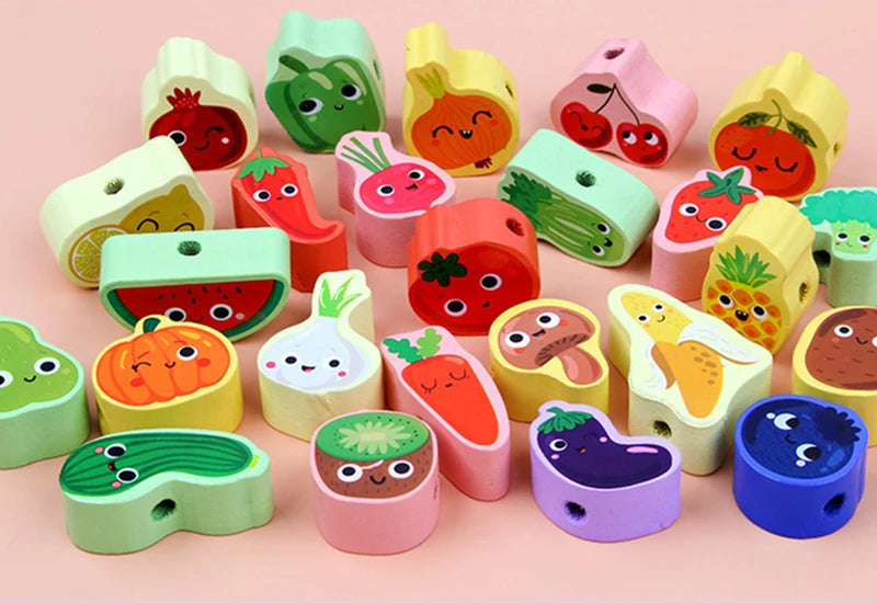 Wooden Animal & Fruit Threading Beads Set for Toddlers