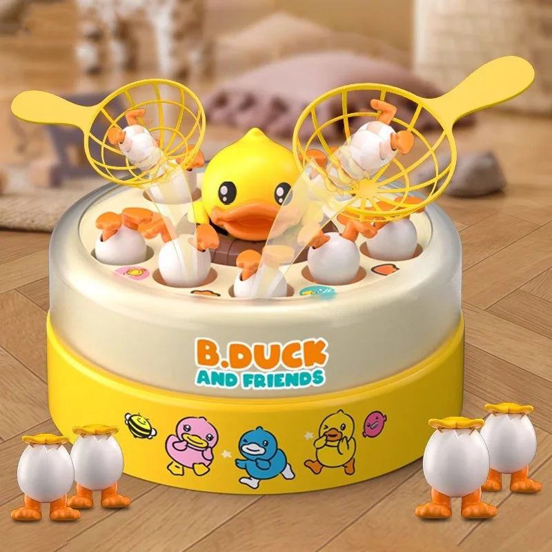 A yellow cake decorated with rubber duck figures and yellow fishing nets, surrounded by small duck toys.