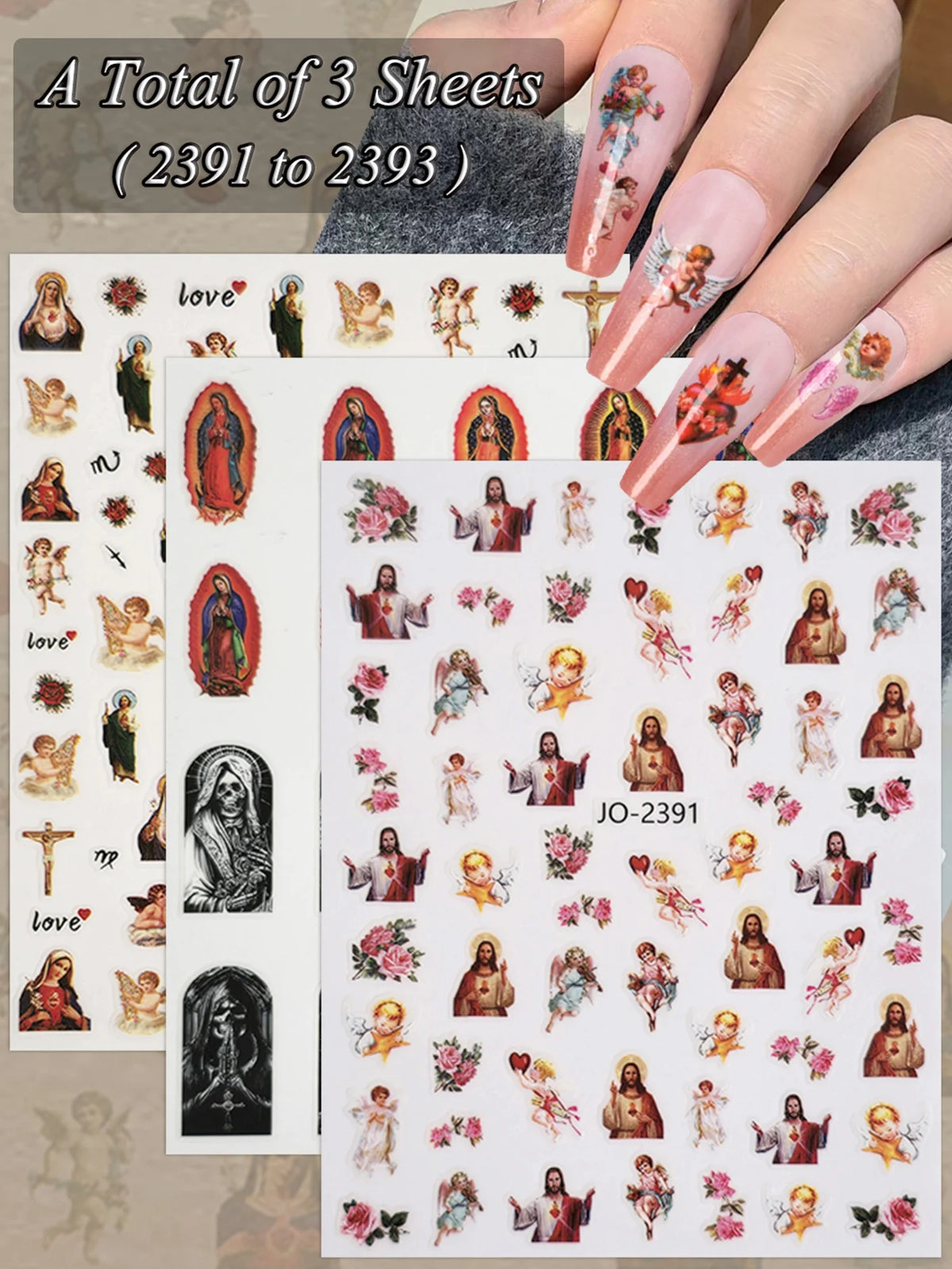 A total of three sheets of vintage angel and saint nail art stickers featuring cherubs and crosses.