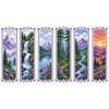 Six vertical cross-stitch bookmarks featuring scenic landscapes, mountains, waterfalls, and forests.