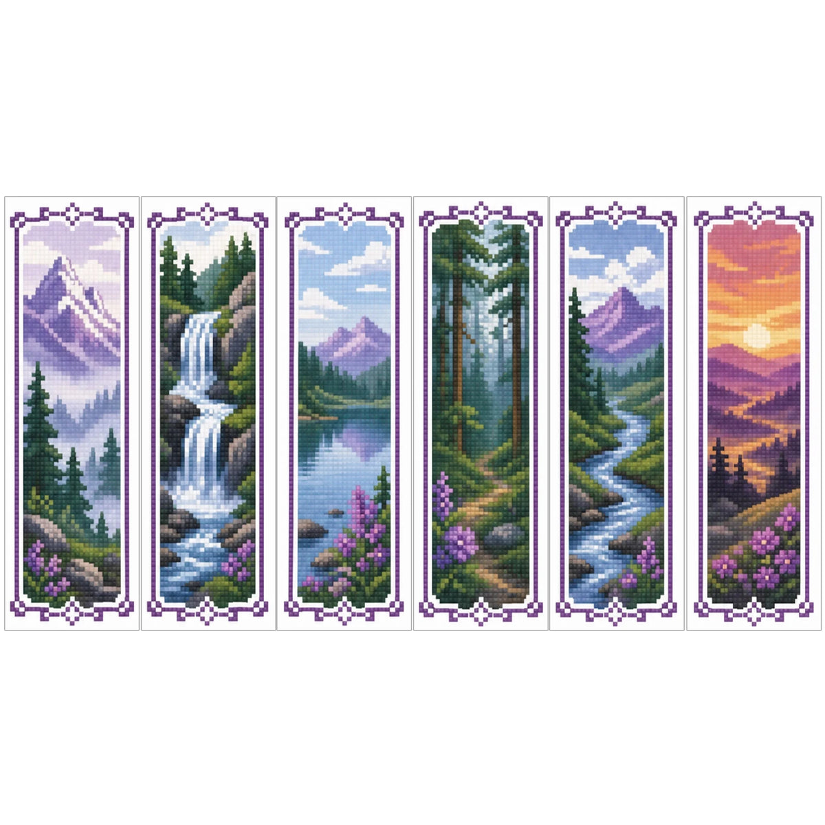 Six vertical cross-stitch bookmarks featuring scenic landscapes, mountains, waterfalls, and forests.
