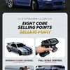 A blue Nissan Skyline GT-R R34 model car with gyro stabilization features shown in various angles.