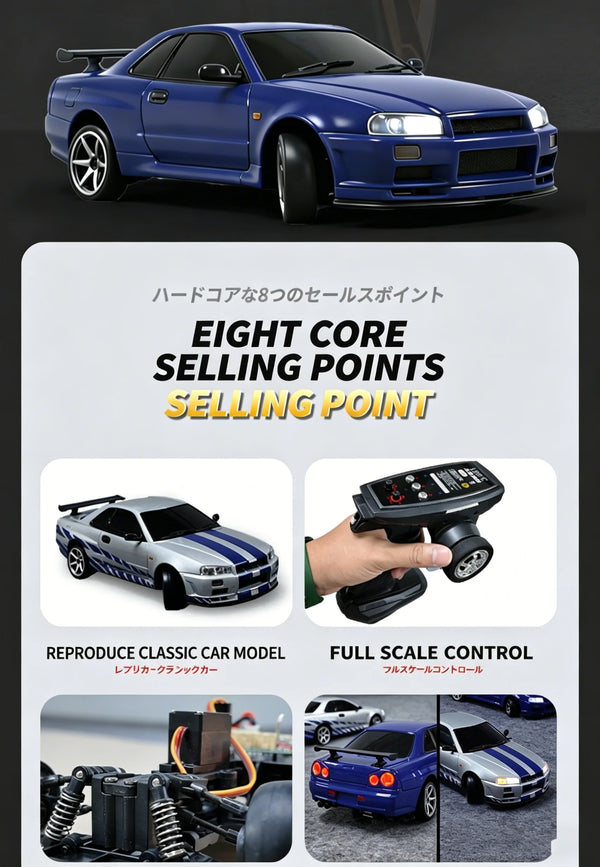 Blå Nissan Skyline GT-R R34 modelbil med gyro-stabilisering vist fra flere vinkler