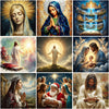 A collage of religious art paintings depicting Jesus, the Virgin Mary, and other biblical scenes.
