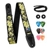 Black guitar strap with yellow floral print, including two strap locks and four guitar picks.