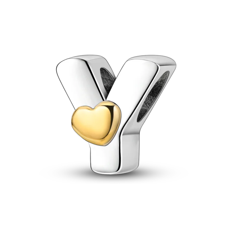 A sterling silver alphabet charm shaped like a 'Y' with a heart pendant.