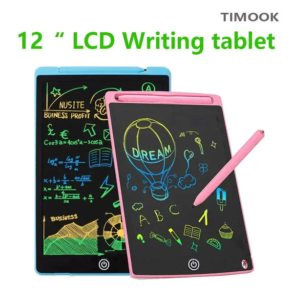 A pink 12 inch LCD writing tablet is shown next to a black tablet displaying various equations and symbols.