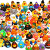 A colorful assortment of rubber ducks in various bright colors and designs for bath and party fun