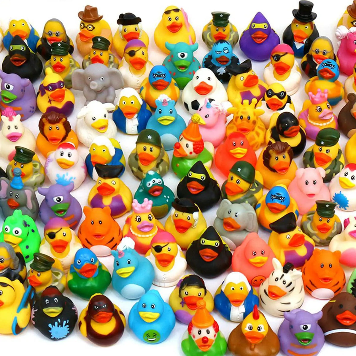 A colorful assortment of rubber ducks in various bright colors and designs for bath and party fun
