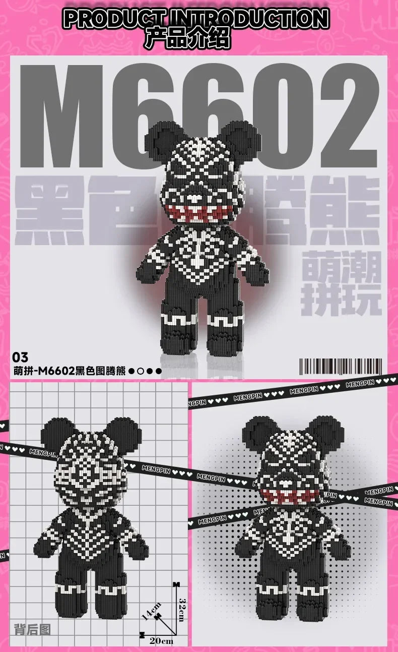 A black and white 3D bear building kit made of micro diamond blocks shown from the front and back.