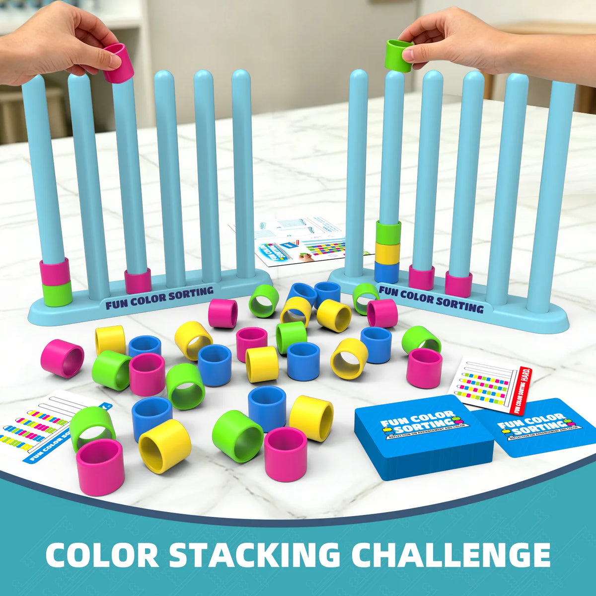 Buntes Stapelspiel-Puzzle mit farbigen Stäbchen zum Sortieren und Zuordnen.
