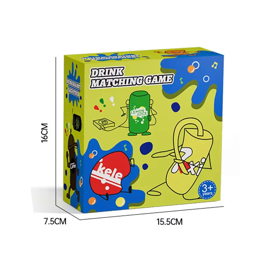 A box of a drink matching game set featuring colorful illustrations and text.
