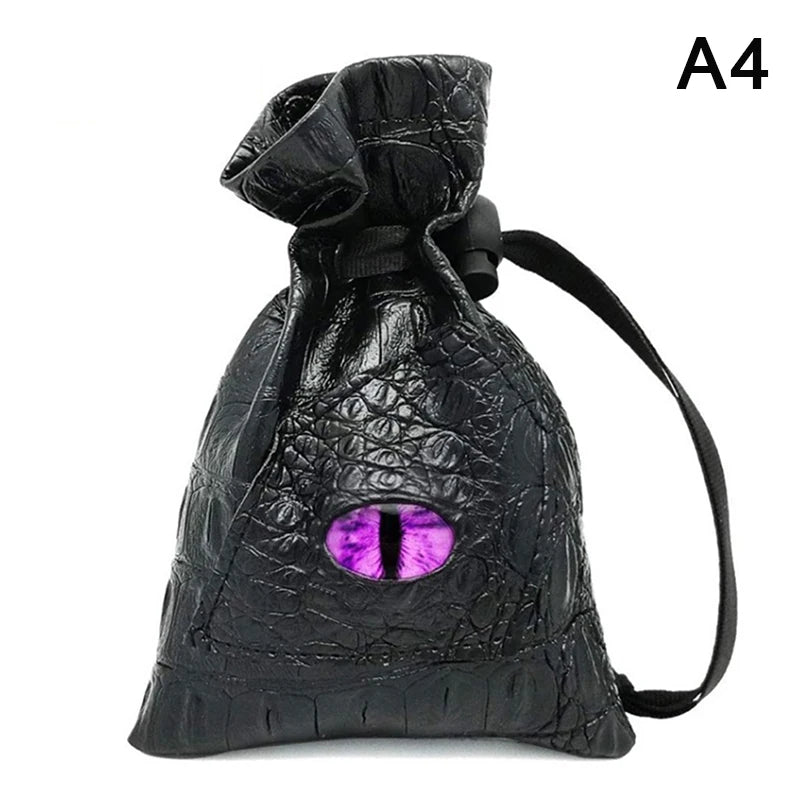 Black PU leather drawstring dice bag with an organizer compartment and purple accent.