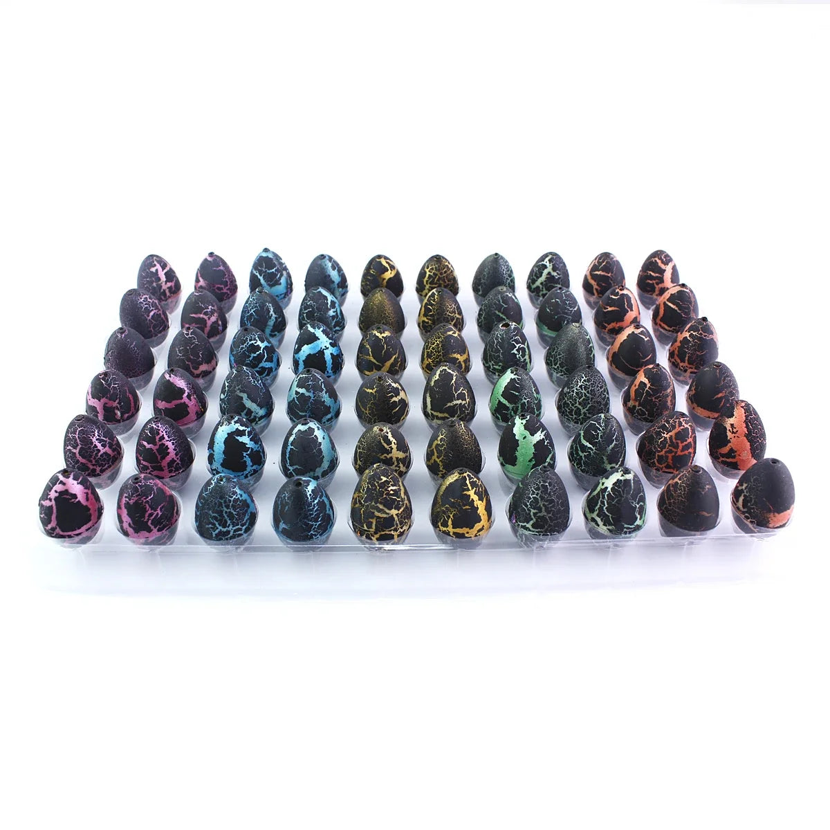 A row of colorful dinosaur egg hatchings in various shades of black, green, and brown.