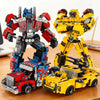 A set of two detailed, stylized robot figures in red and blue, built from puzzle pieces.